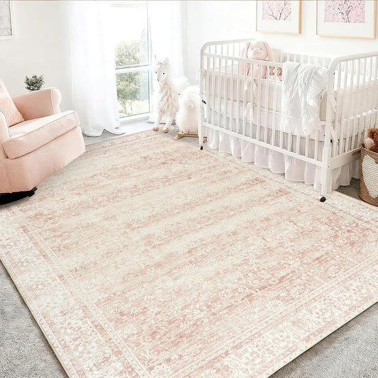 Pink Nursery Rug for Girls Room Vintage Floral Washable 5x7 Rugs for Dorm