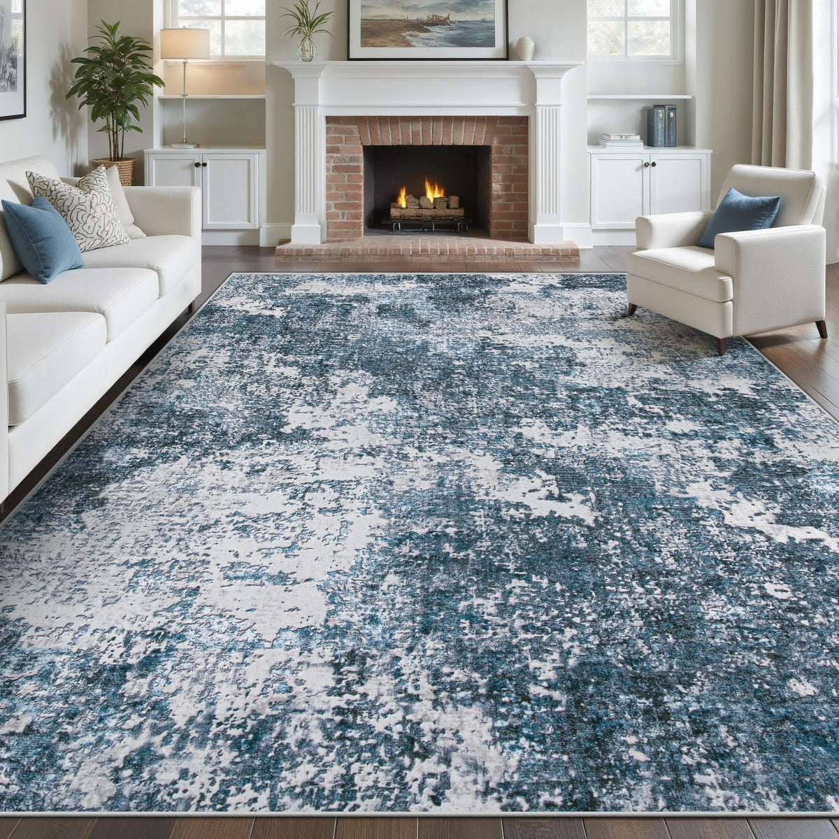 pmtsns Area Rugs 8x10 for Living Room: Washable Rug Modern Abstract Neutral Soft Non-Slip Low-Pile Indoor Large Carpet for Bedroom Dining Room Playroom Home Office (Blue Grey Brown, 8'x10')