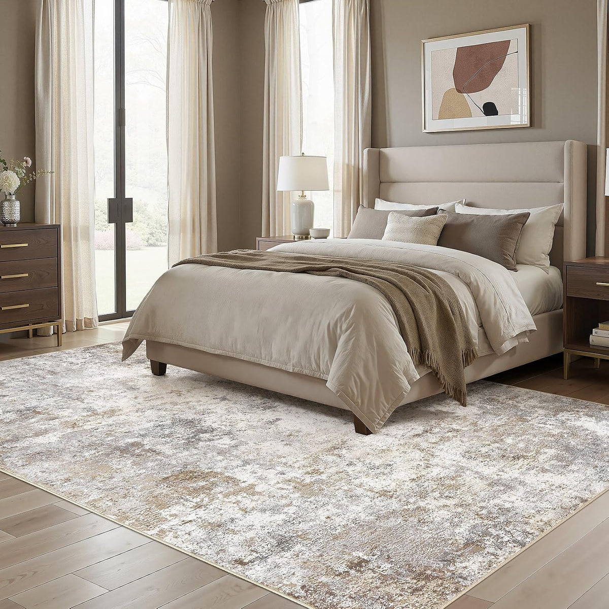 UERMEI 8x10 Area Rug Living Room Rugs - Washable Neutral Modern Abstract Soft Thin Large Rug Indoor Floor No Slip Rug Carpet for Bedroom Under Dining Table Home Office Decor - Brown Grey