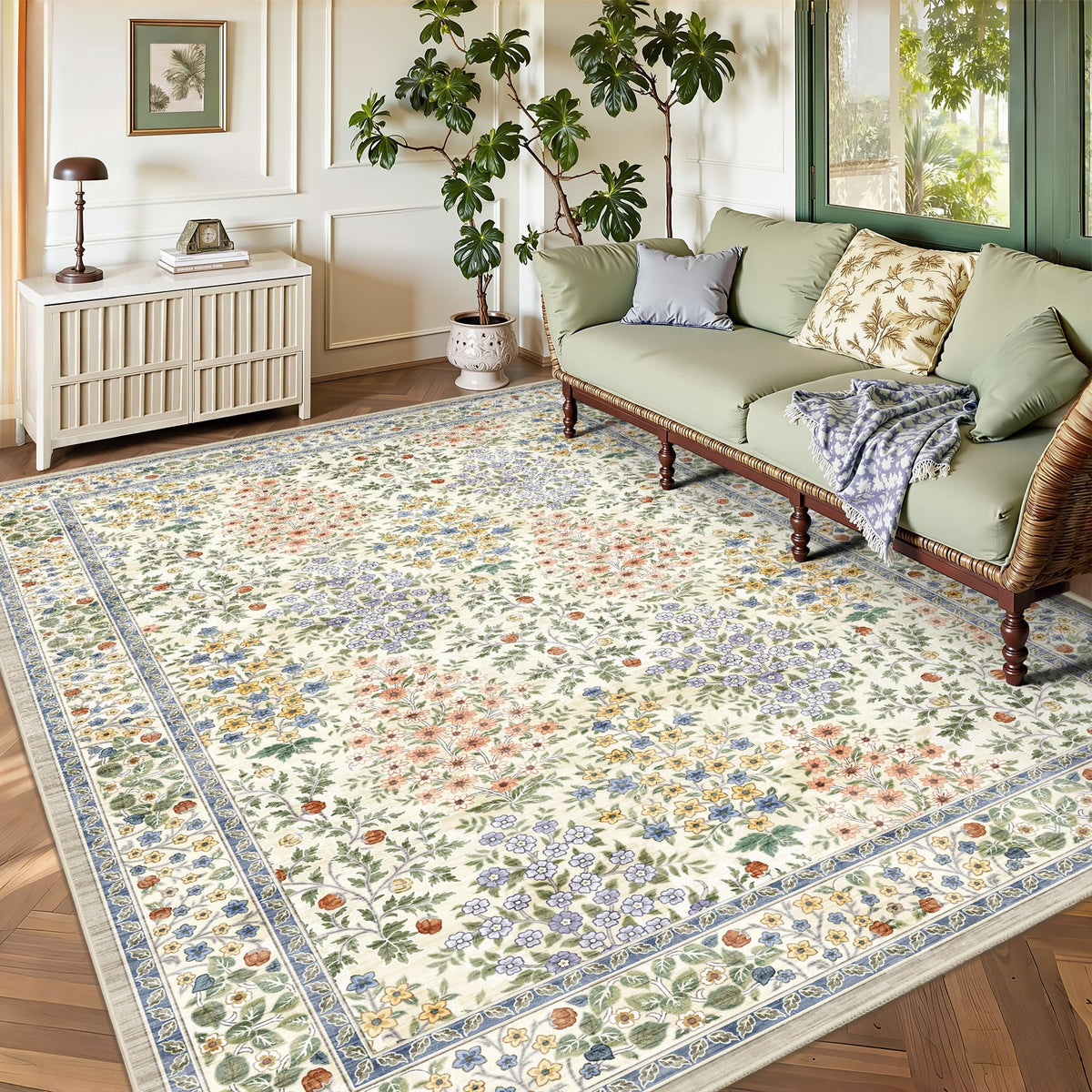 8x10 Area Rugs, Machine Washable Low Pile Floral Rugs for Living Room, Bedroom, Large Boho Area Rug with Non-Slip Backing for Dining Room(Pink Floral)