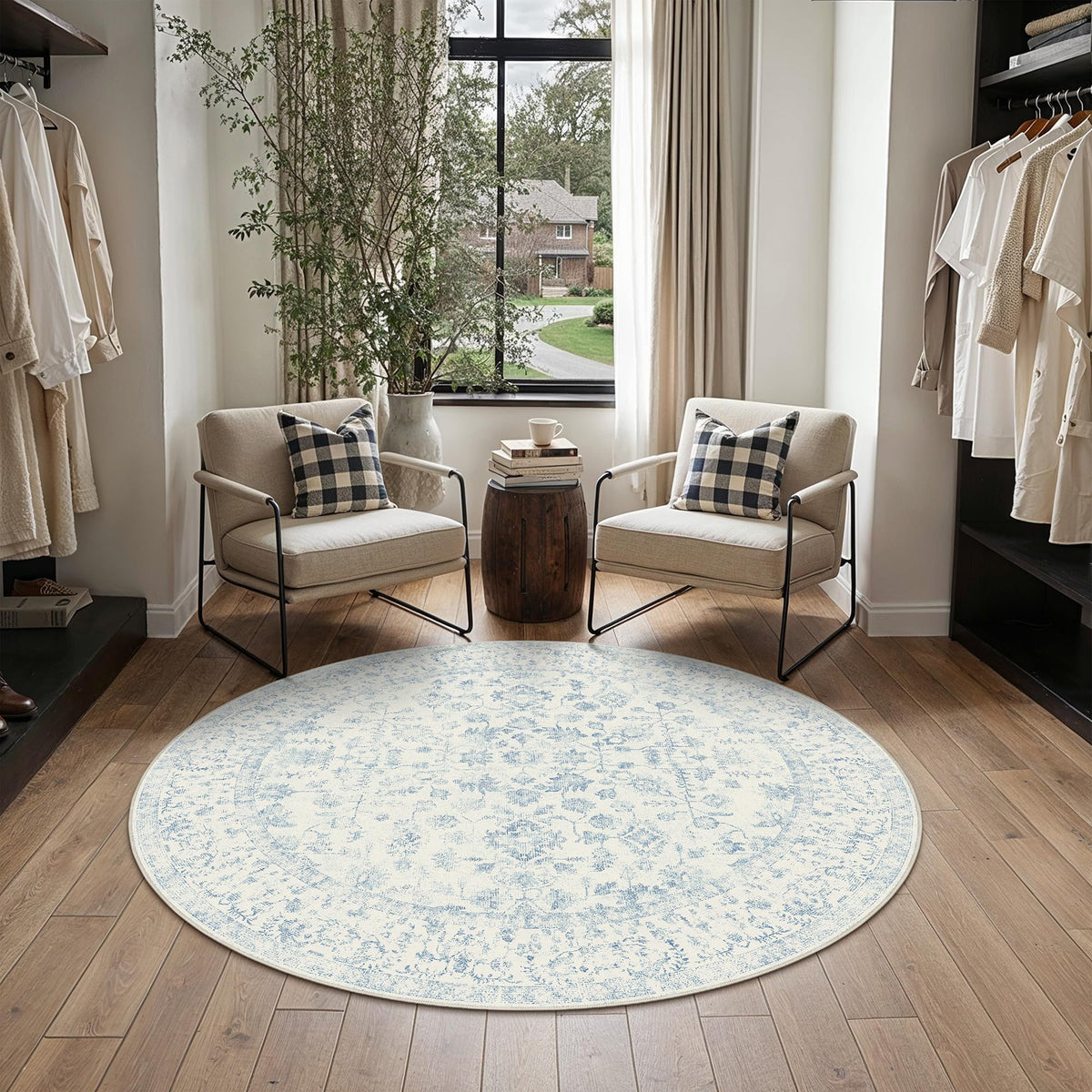 PureCozy 8x10 Blue Area Rug Washable Non Slip Large Vintage Living Room