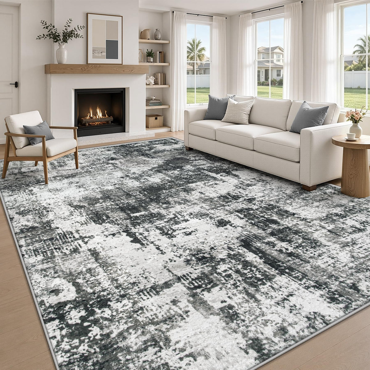 MXSANYOO 8x10 Area Rugs Washable Rug: Abstract Neutral Rugs Modern Non Slip Area Rug Stain Resistant Low Pile Indoor Carpet for Dining Room Bedroom Nursery Office (Black Grey, 8'x10')