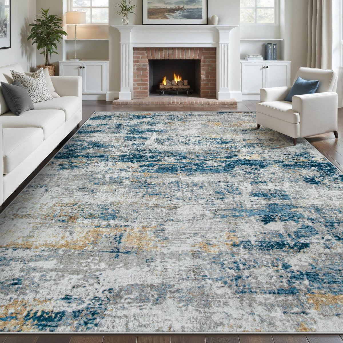 pmtsns Area Rugs 8x10 for Living Room: Washable Rug Modern Abstract Neutral Soft Non-Slip Low-Pile Indoor Large Carpet for Bedroom Dining Room Playroom Home Office (Blue Grey Brown, 8'x10')