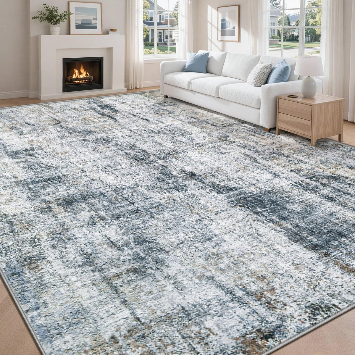 MXSANYOO 8x10 Area Rugs Washable Rug: Abstract Neutral Rugs Modern Non Slip Area Rug Stain Resistant Low Pile Indoor Carpet for Dining Room Bedroom Nursery Office (Black Grey, 8'x10')