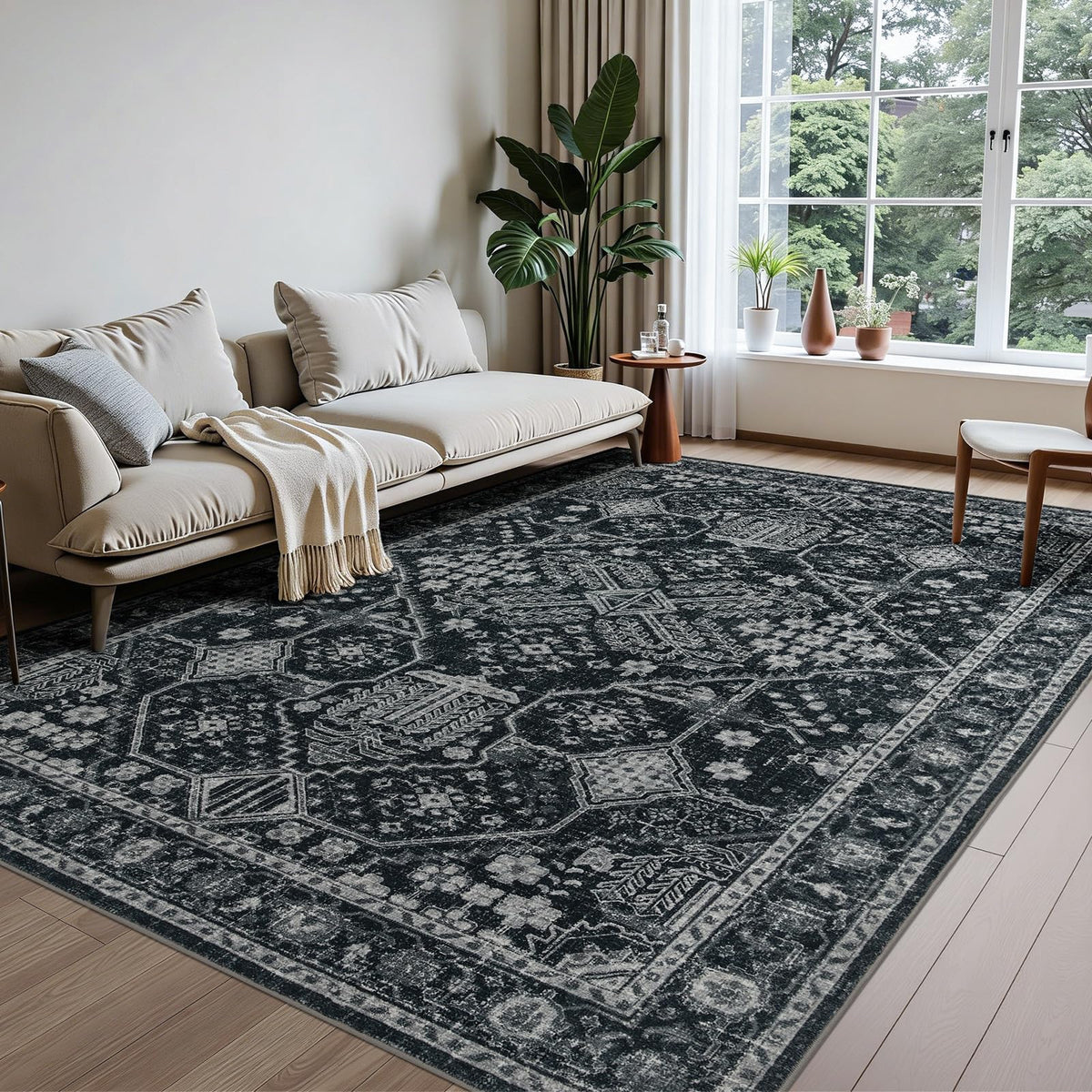Joydeco Boho Washable Abstract Beige 5x7 Area Rugs for Living Room Bedroom
