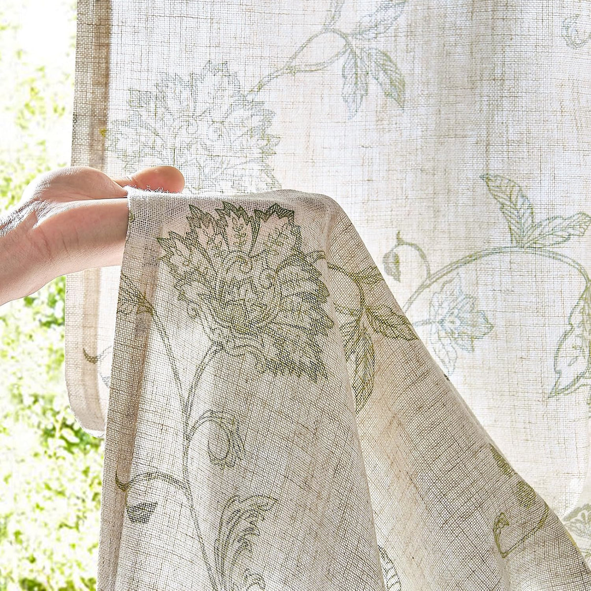 jinchan Green Floral Linen Curtains 84 Inch Vintage Back Tab 2 Panels