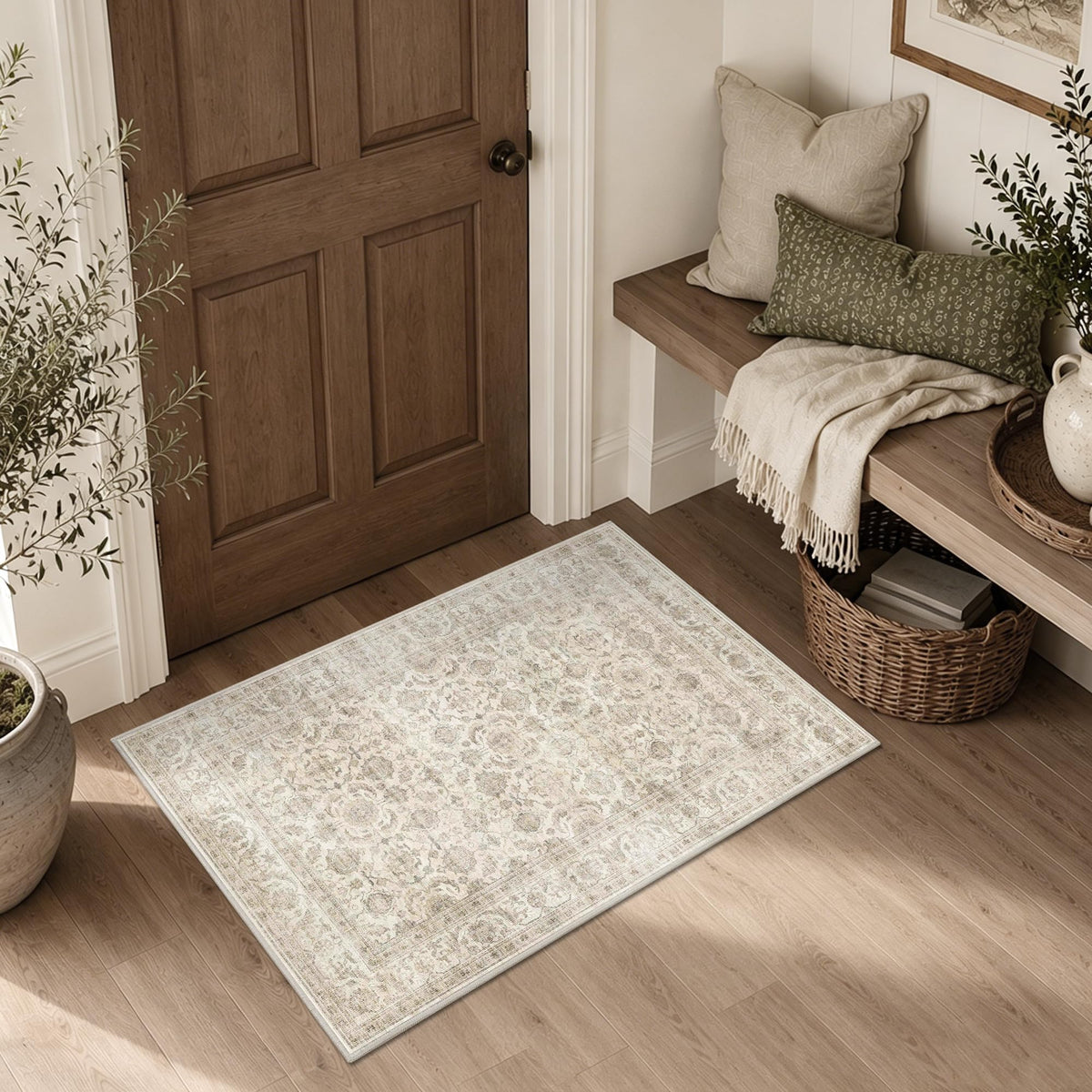 JOOJA 8x10 Beige Vintage Soft Low Pile Boho Neutral Washable Area Rug