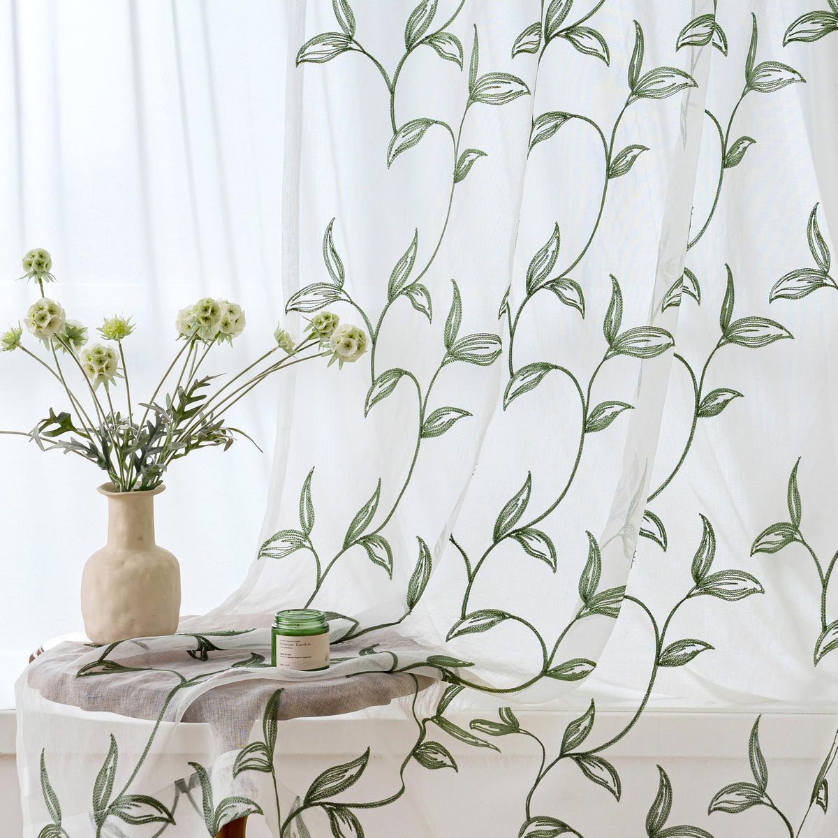 VISIONTEX Sheer Curtains Boho Leaf Floral Embroidered Cream Beige 54Wx84L