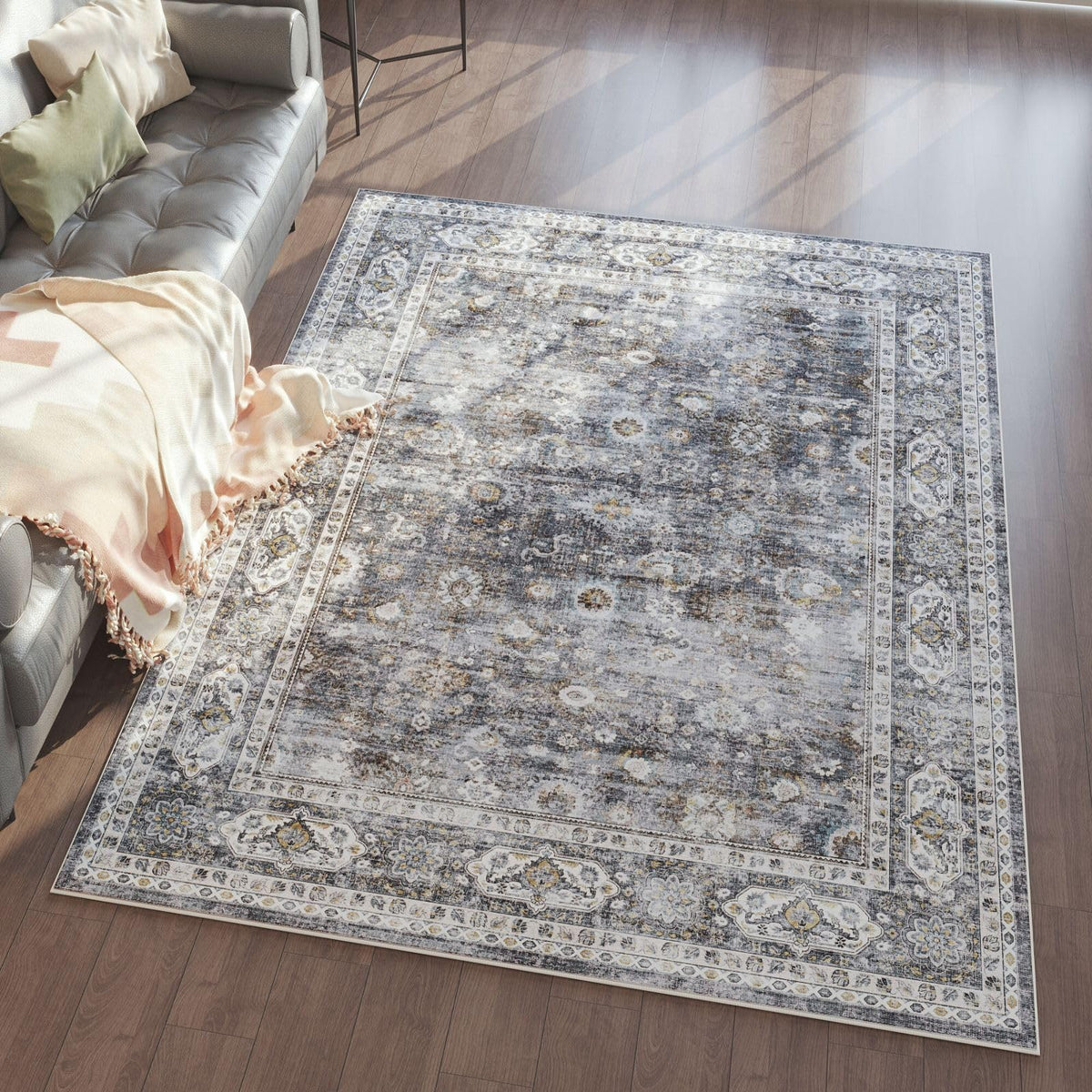 Rugcomf Large Living Room Rug 8x10 Washable Non Slip Vintage, Grey