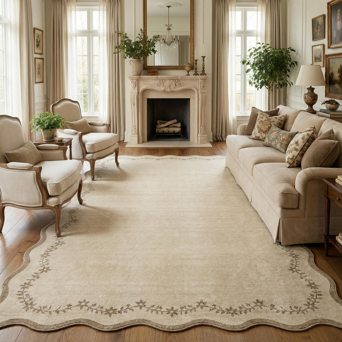 GarveeHome 5x7 Scalloped Area Rug Jute Washable Bedroom Living Room Rug