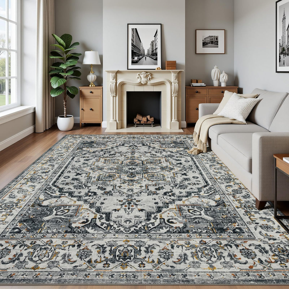 Joydeco Boho Washable Abstract Beige 5x7 Area Rugs for Living Room Bedroom