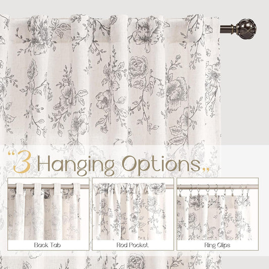 Floral Linen Curtains for Dining Room 84 inch length 2 panels Neutral Cream Black Pattern Printed Curtains Light Filtering Back Tab Semi Sheer Drapes Farmhouse French Country Curtain for Bedroom