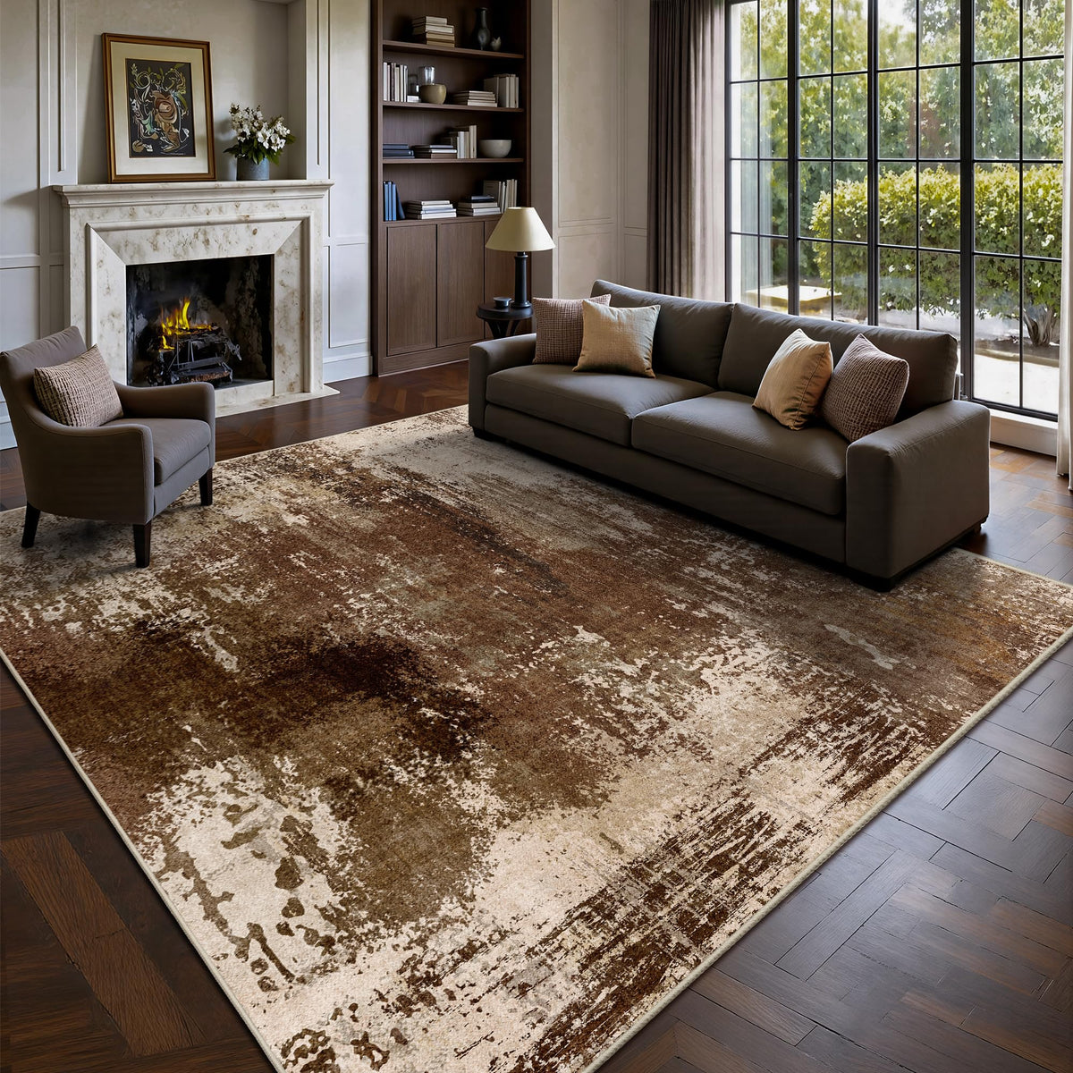 8x10 Rugs for Living Room - Modern Abstract Low Pile Washable Rug, Ultra Soft Non Slip Large Rugs, Floor Carpet for Bedroom Dining Room Office Laundry Nursery Home(Brown)