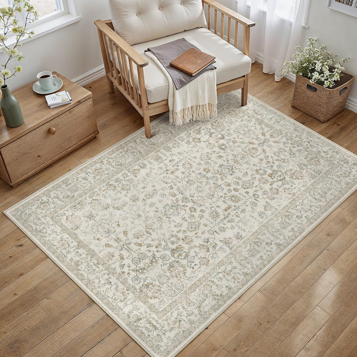 PureCozy 8x10 Blue Area Rug Washable Non Slip Large Vintage Living Room