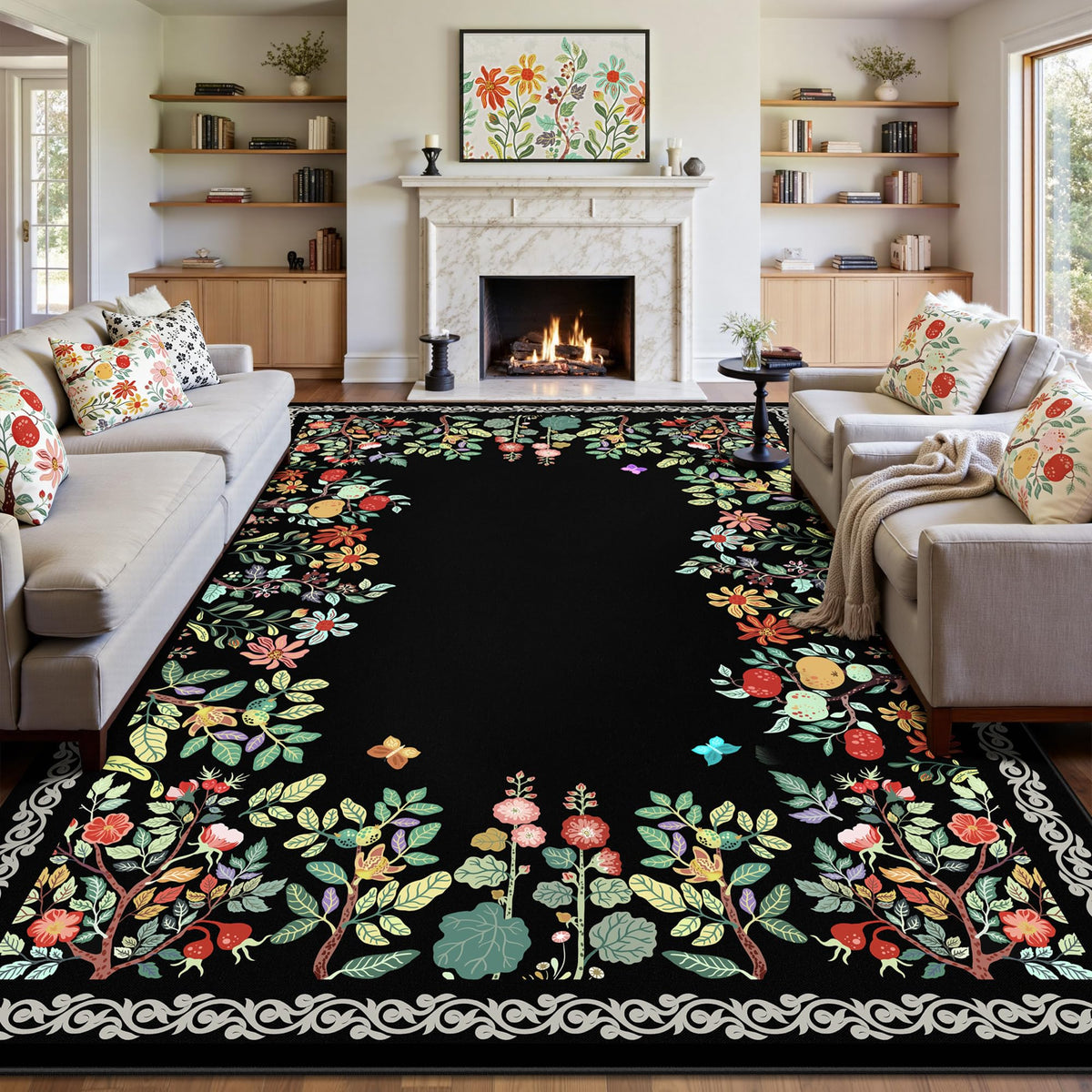 8x10 Area Rugs, Machine Washable Low Pile Floral Rugs for Living Room, Bedroom, Large Boho Area Rug with Non-Slip Backing for Dining Room(Pink Floral)