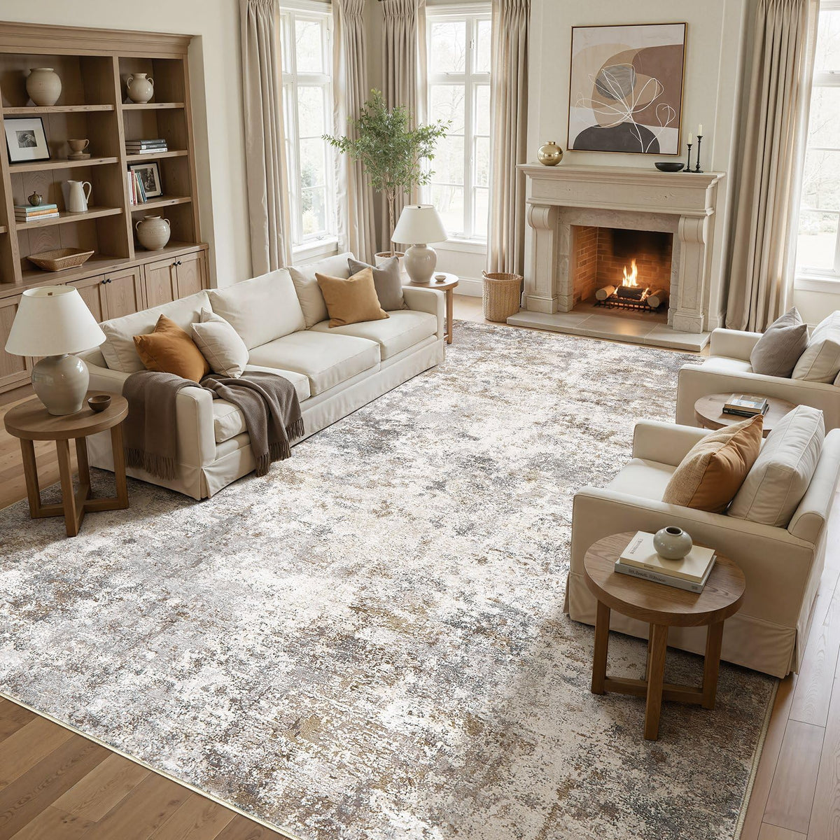 UERMEI 8x10 Area Rug Living Room Rugs - Washable Neutral Modern Abstract Soft Thin Large Rug Indoor Floor No Slip Rug Carpet for Bedroom Under Dining Table Home Office Decor - Brown Grey