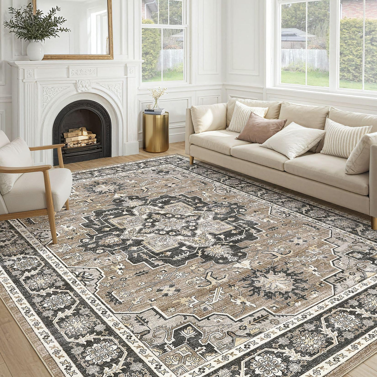 cotiled 5x7 Area Rug for Living Room, Washable, Traditional, Beige