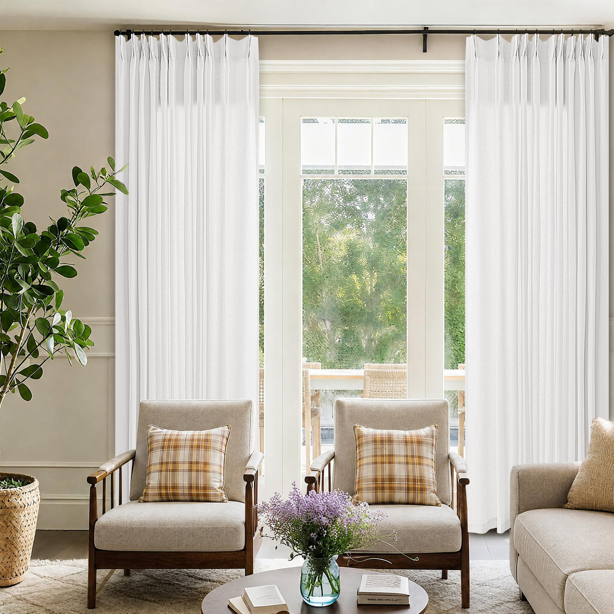 105 Inch Extra Long Curtains Linen Pinch Pleated Cream Semi Sheer