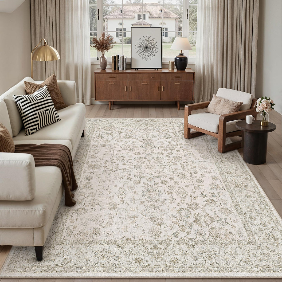PureCozy 8x10 Blue Area Rug Washable Non Slip Large Vintage Living Room