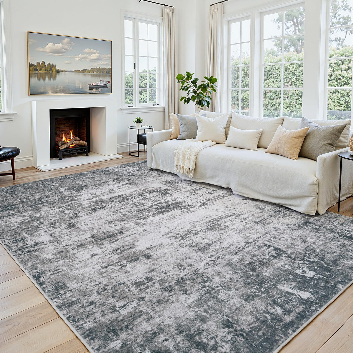 8x10 Area Rugs for Living Room: Washable Soft Black Abstract Bedroom Carpet