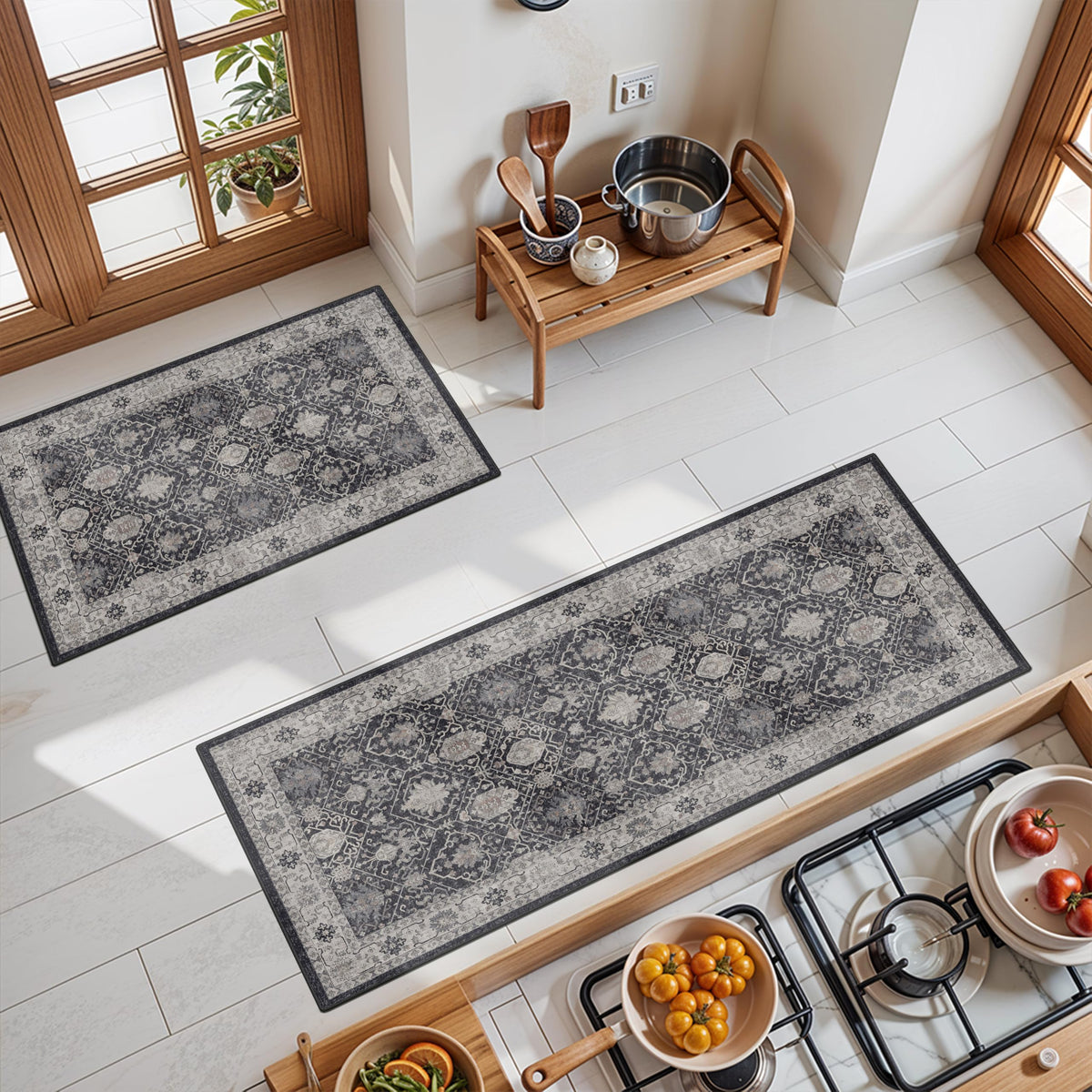 2x6 Hallway Washable Runner Rug : Vintage Soft Kitchen Laundry Runner with Non Slip Backing Farmhouse Entryway Living Room Floor Mat Stain Resistant Carpet for Bedroom Bathroom Distressed Beside Rug
