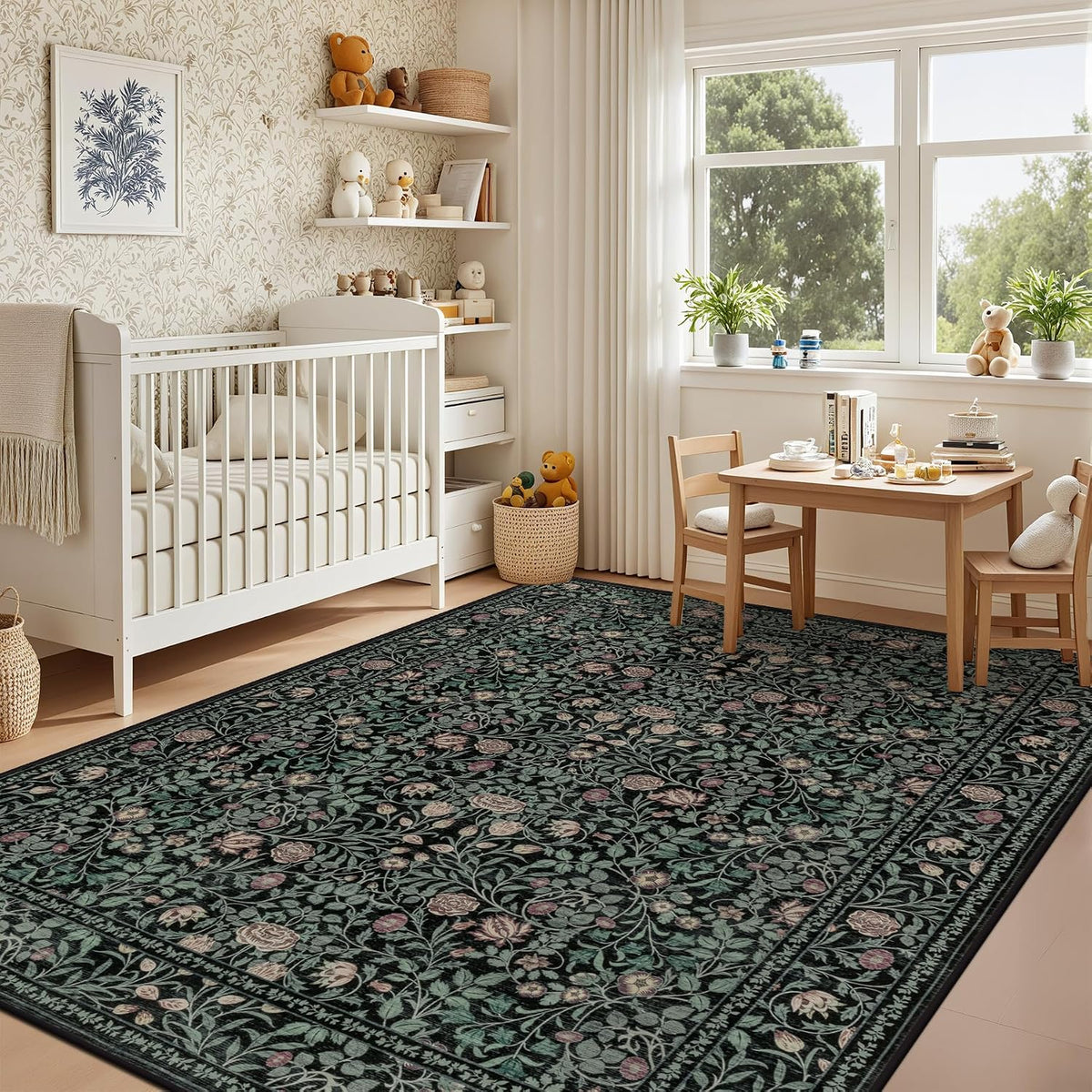 5x7 Area Rug Living Room: Soft Floral Washable Carpet Dark Green