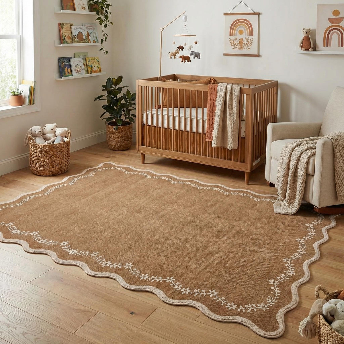 GarveeHome 5x7 Scalloped Area Rug Jute Washable Bedroom Living Room Rug