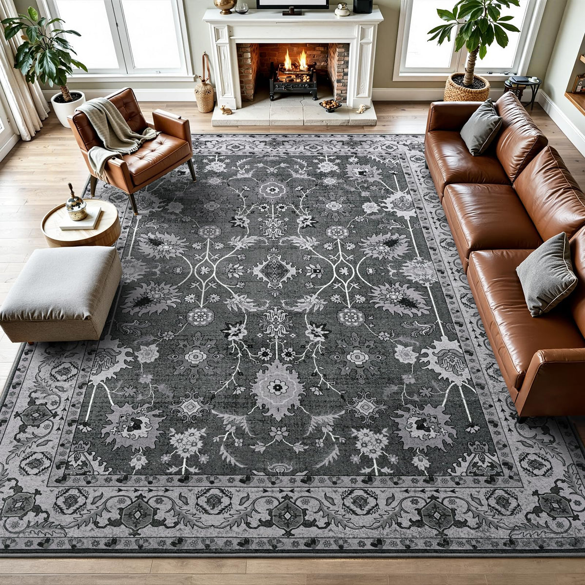 Hanples 5x7 Area Rugs for Living Room, Washable Rug Vintage Floral, Beige