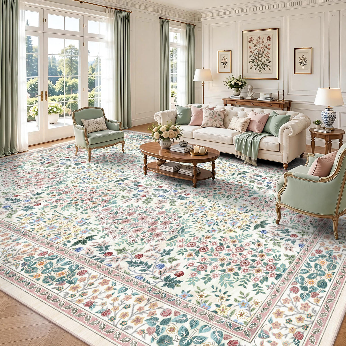 8x10 Area Rugs, Machine Washable Low Pile Floral Rugs for Living Room, Bedroom, Large Boho Area Rug with Non-Slip Backing for Dining Room(Pink Floral)