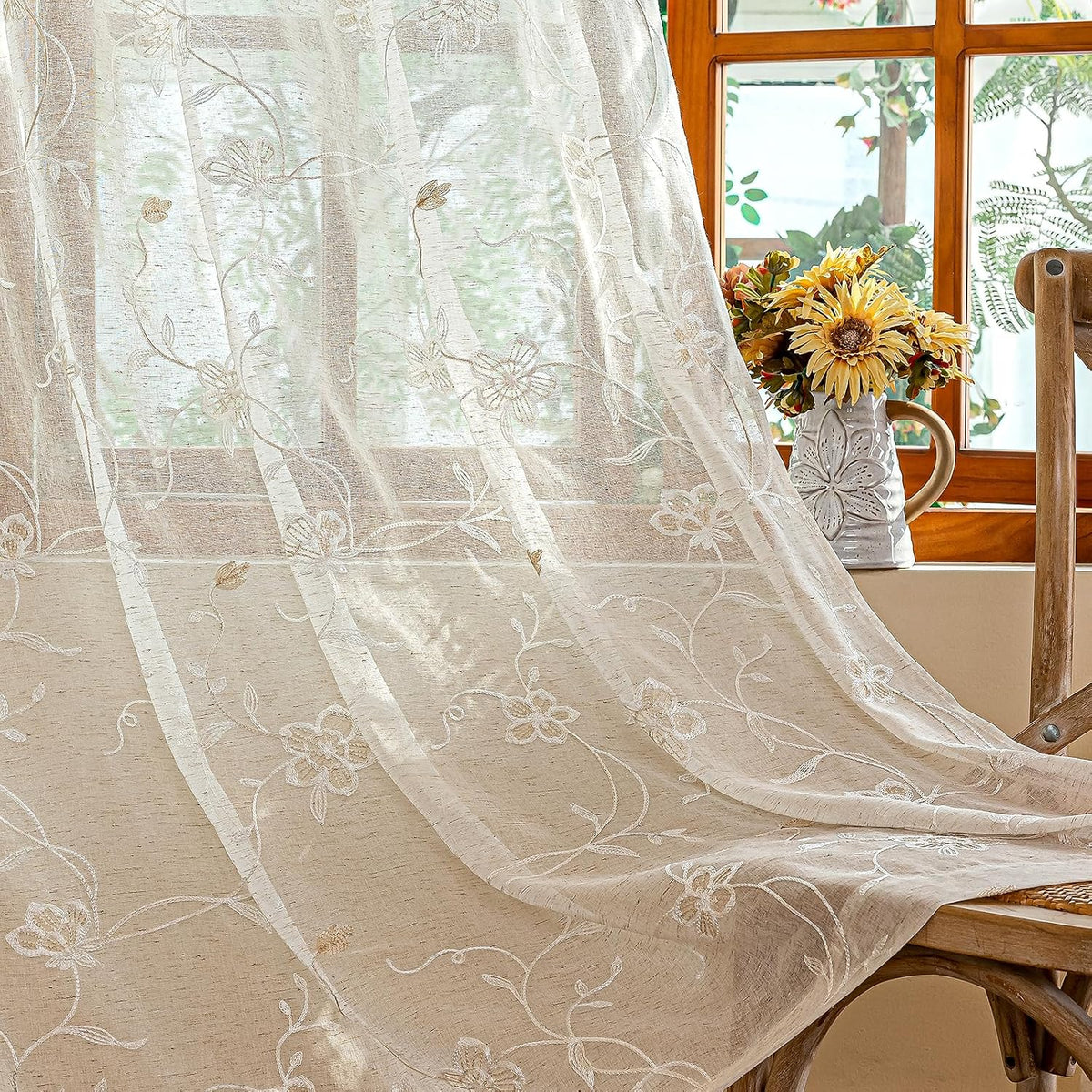 AmHoo 2 Panels Linen Floral Leaf Embroidered Semi Sheer Curtain Farmhouse Voile Curtains for Living Room Bedroom Window Treatment Beige 52 x 84 Inch