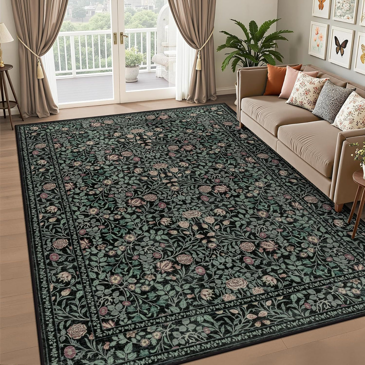 5x7 Area Rug Living Room: Soft Floral Washable Carpet Dark Green