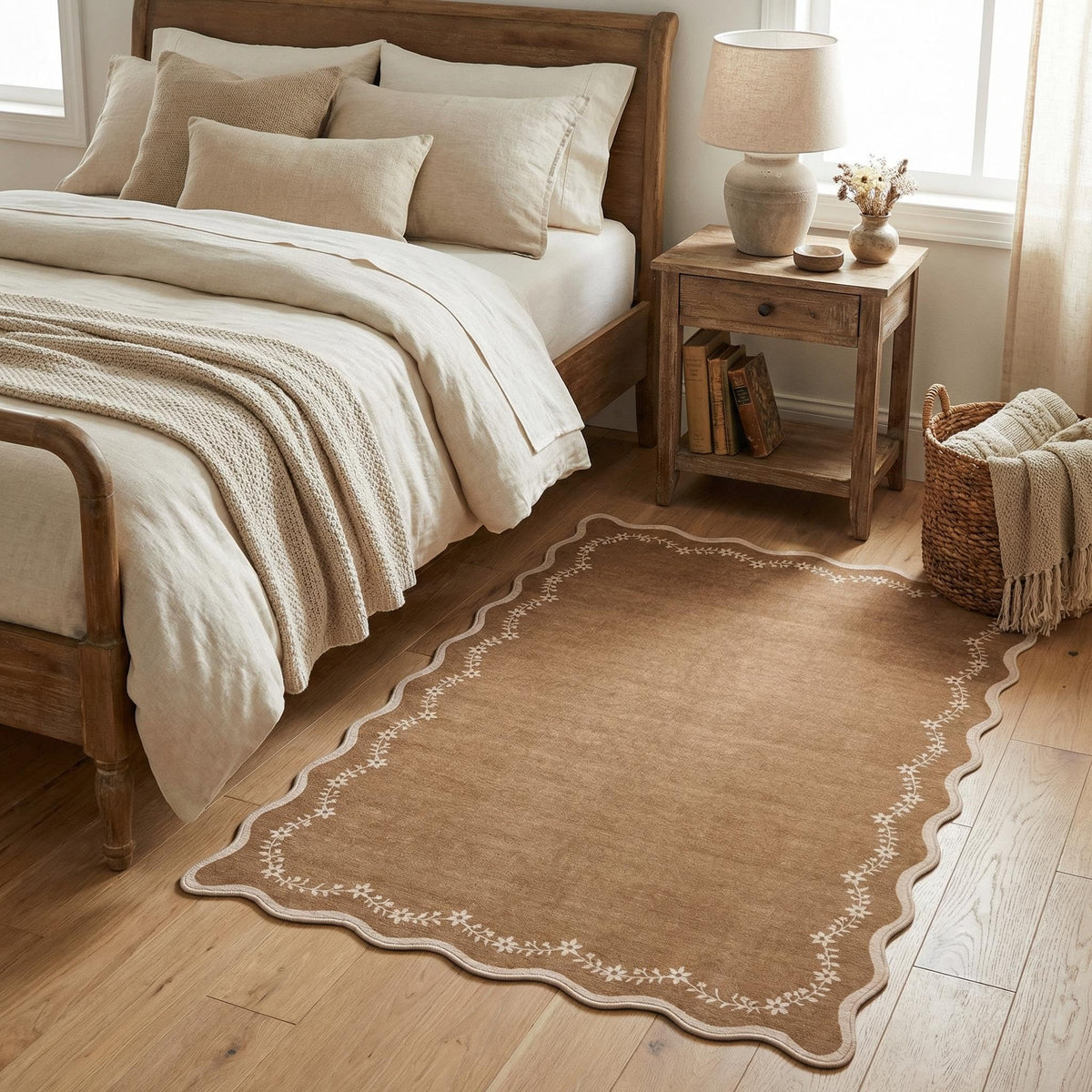 GarveeHome 5x7 Scalloped Area Rug Jute Washable Bedroom Living Room Rug