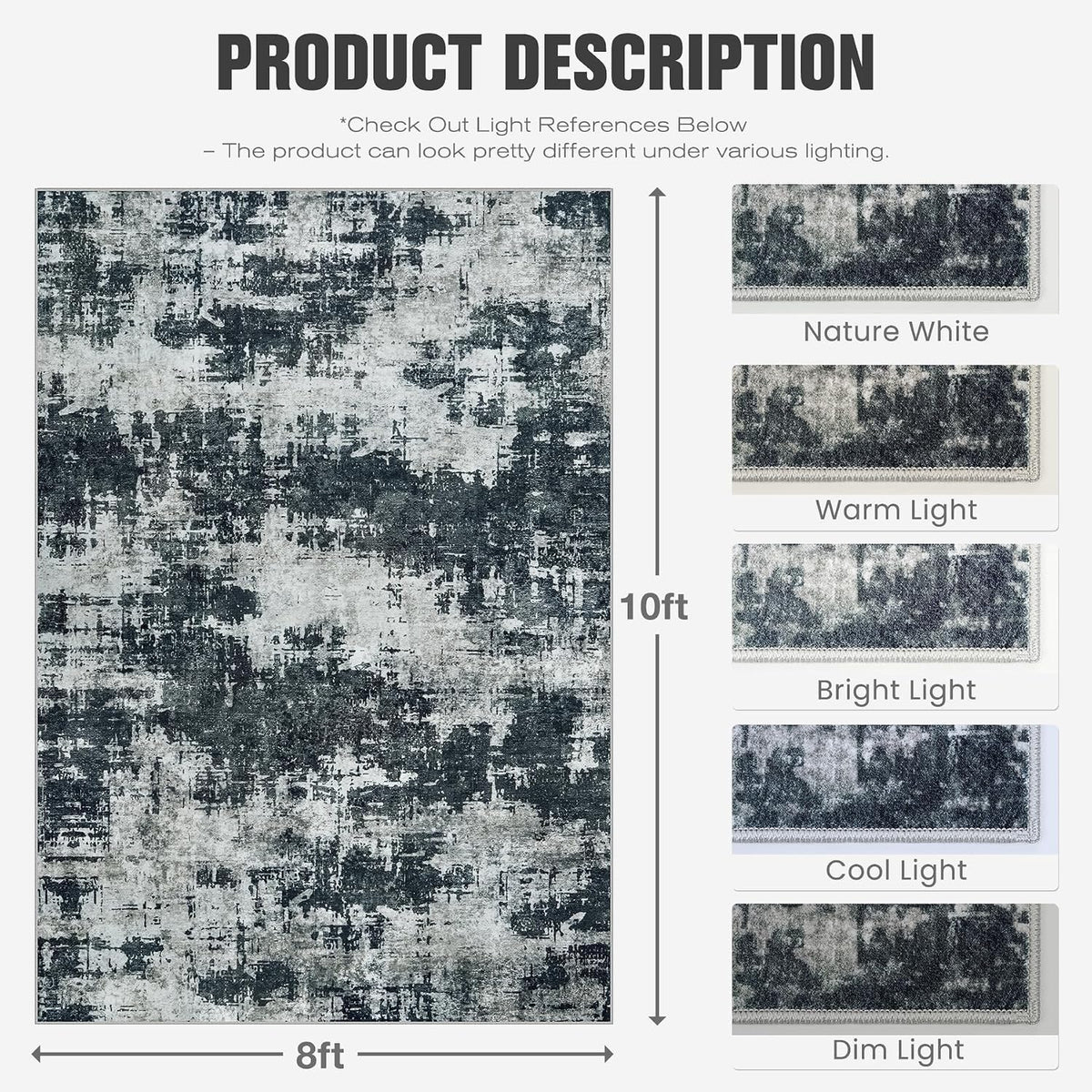 8x10 Area Rugs for Living Room: Washable Soft Black Abstract Bedroom Carpet