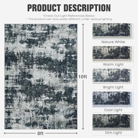 8x10 Area Rugs for Living Room: Washable Soft Black Abstract Bedroom Carpet