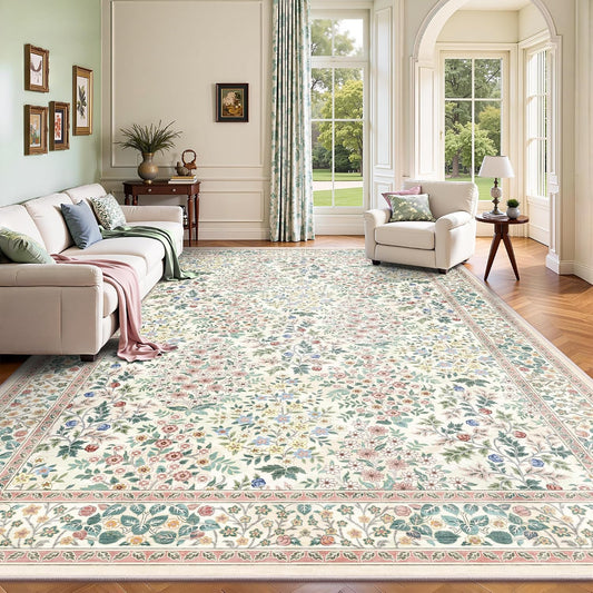 8x10 Area Rugs, Machine Washable Low Pile Floral Rugs for Living Room, Bedroom, Large Boho Area Rug with Non-Slip Backing for Dining Room(Pink Floral)