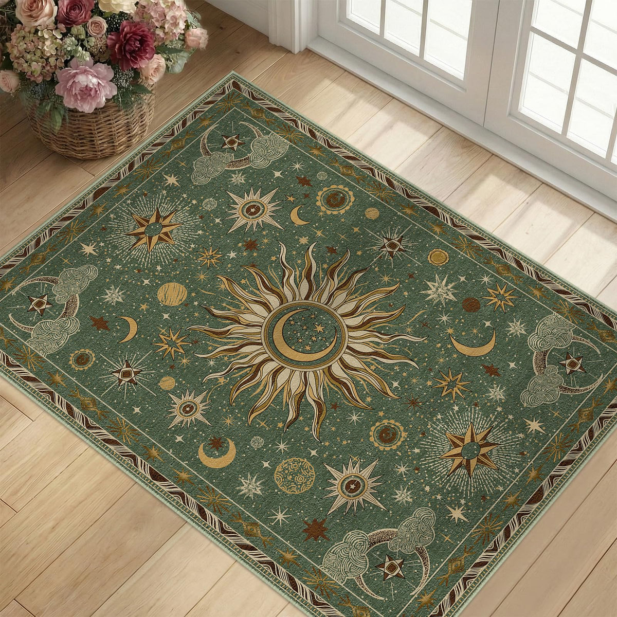 Vacuum-Friendly, 5x7 Washable Area Rug, Black Gold Beige Red