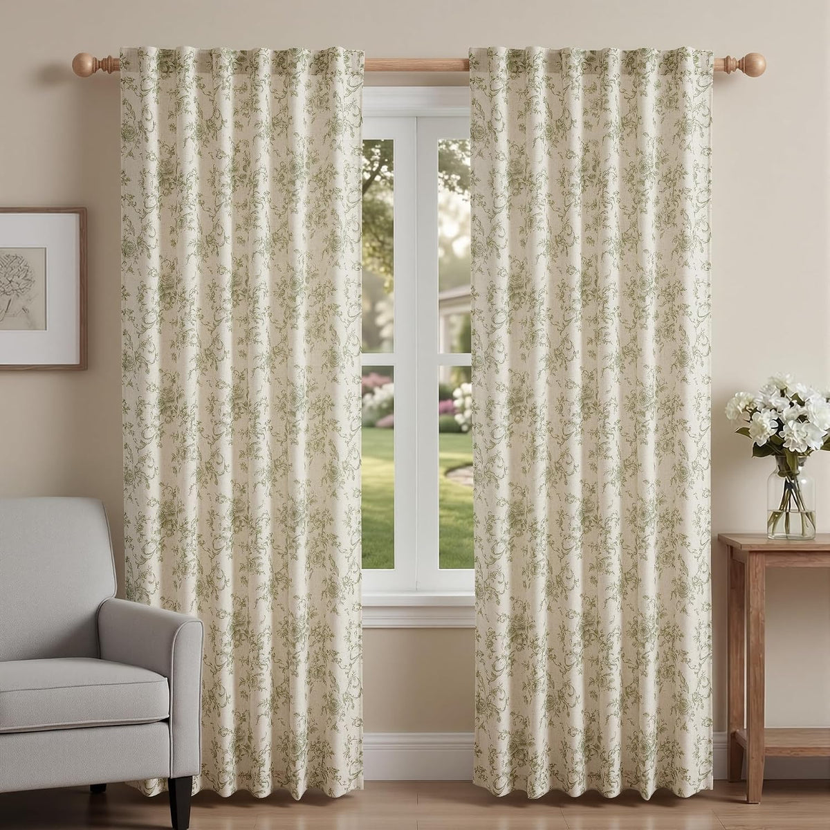 XWZO Linen Floral Curtains Green Flower Patterned Curtains for Living Room