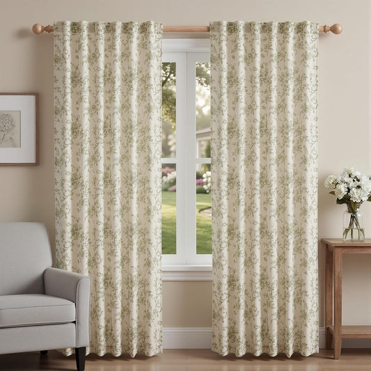 XWZO Linen Floral Curtains Green Flower Patterned Curtains for Living Room