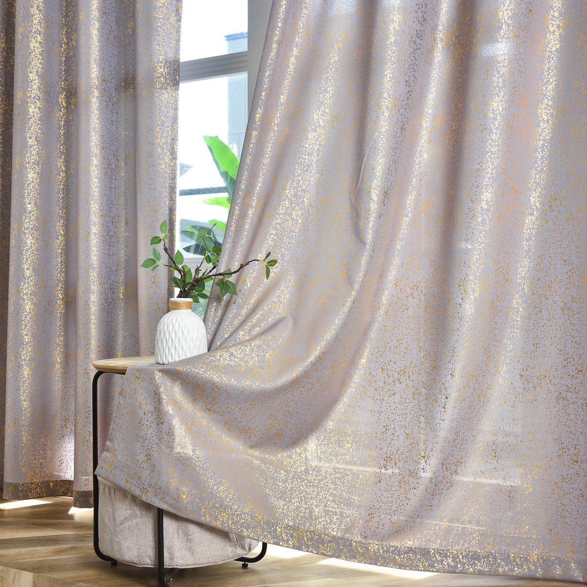 Silver Grey Sheer Curtains with Foil Dots, Grommet, 2 Panels 52 x 84 Inch