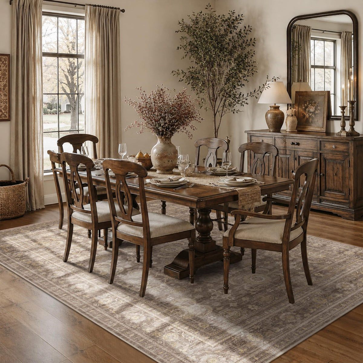 JOOJA 8x10 Beige Vintage Soft Low Pile Boho Neutral Washable Area Rug