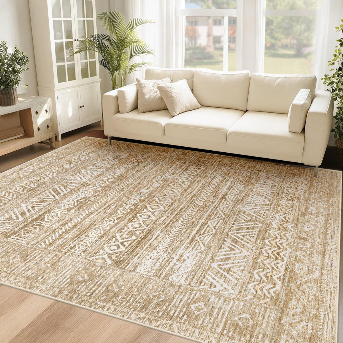 Living Room Rugs 8x10: Washable Moroccan Geometric Boho Rug Farmhouse Non Slip Stain Resistant Large Rug Low Pile Soft Carpet for Bedroom Dining Room Children Room (Beige,8'x10')