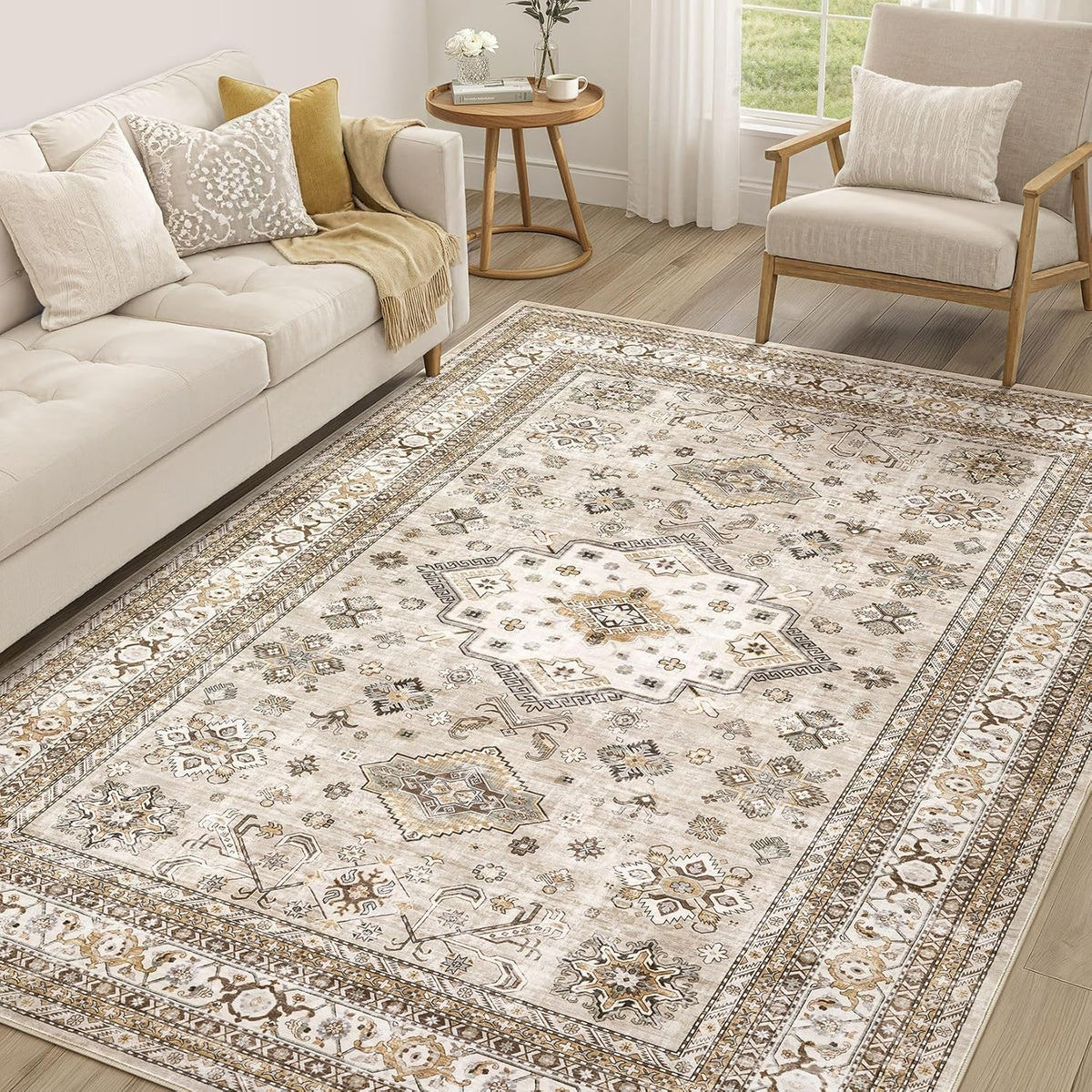 cotiled 5x7 Area Rug for Living Room, Washable, Traditional, Beige