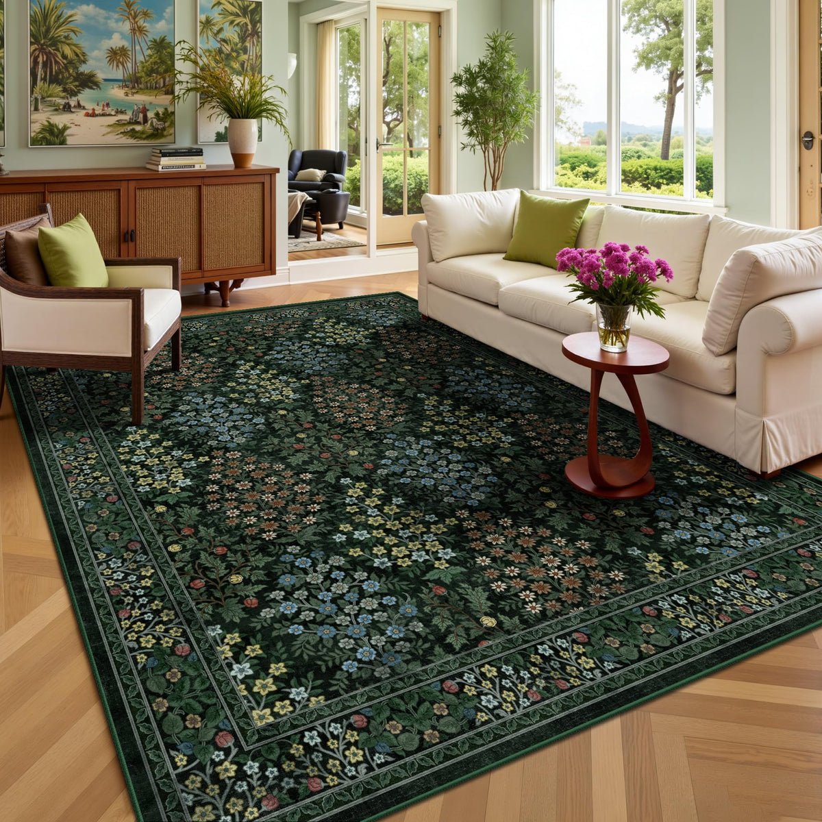 8x10 Area Rugs, Machine Washable Low Pile Floral Rugs for Living Room, Bedroom, Large Boho Area Rug with Non-Slip Backing for Dining Room(Pink Floral)