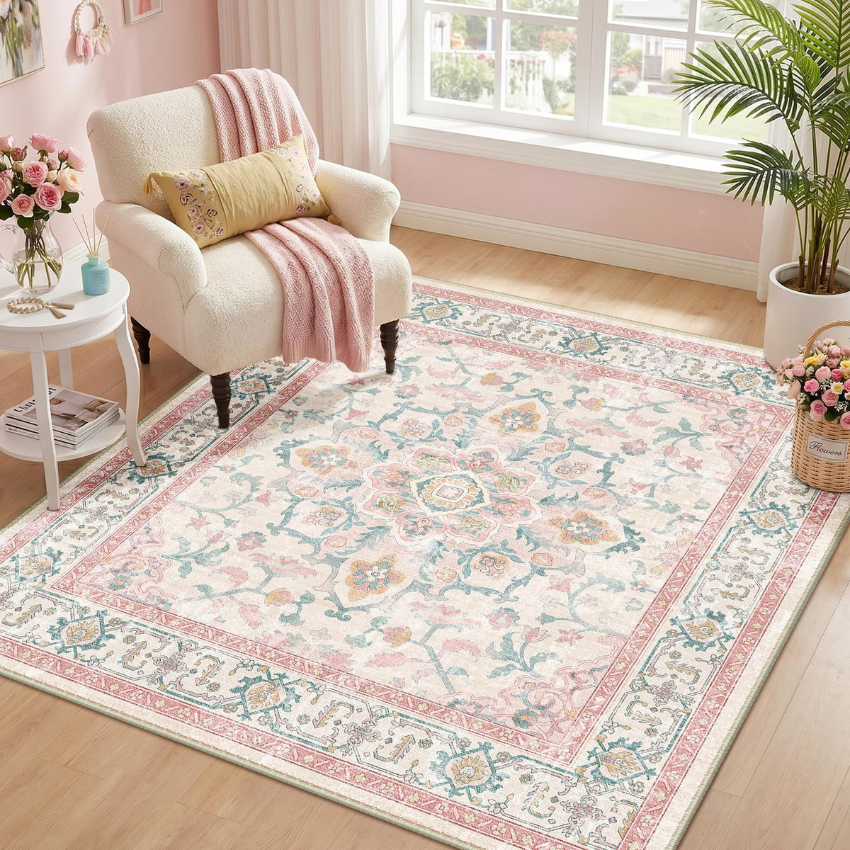 CAPALOCA 5x7 Washable Nursery Girls Low Pile Area Rug Pink