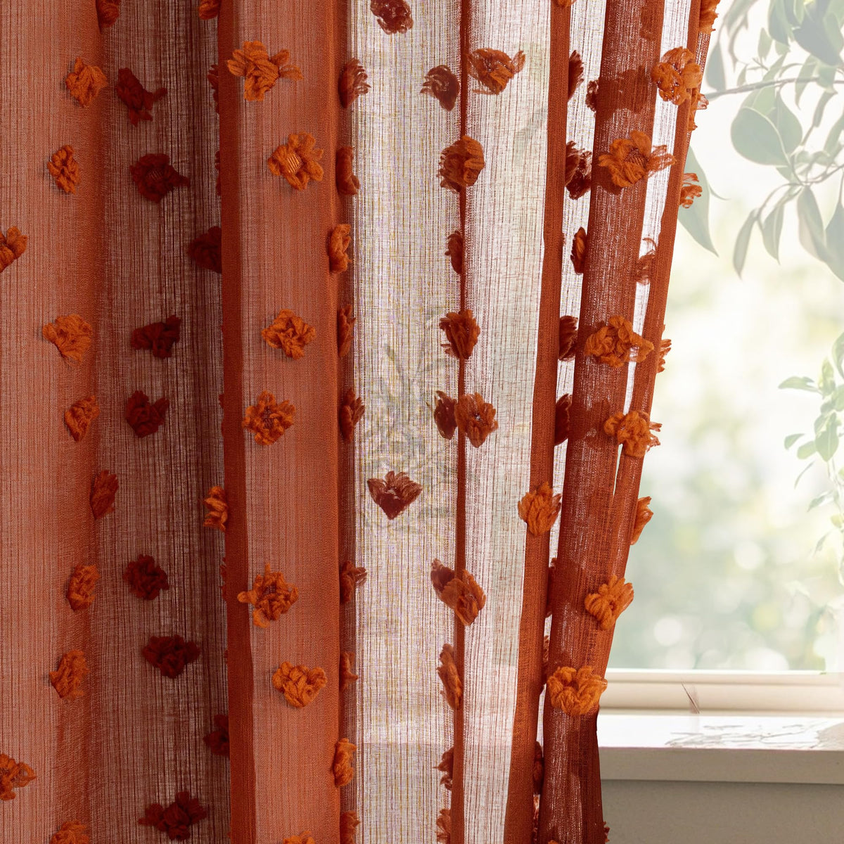 MYSKY HOME Beige Boho Sheer Curtains with Cream Pom Pom 50Wx84L,2 Panels