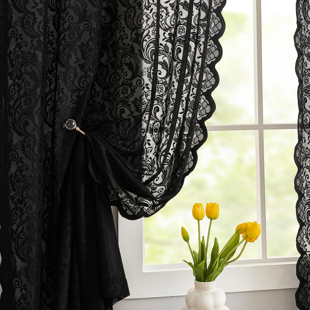 ALIGOGO Black Lace Curtains for Bedroom, Gothic Style, 52W x 63L Inch