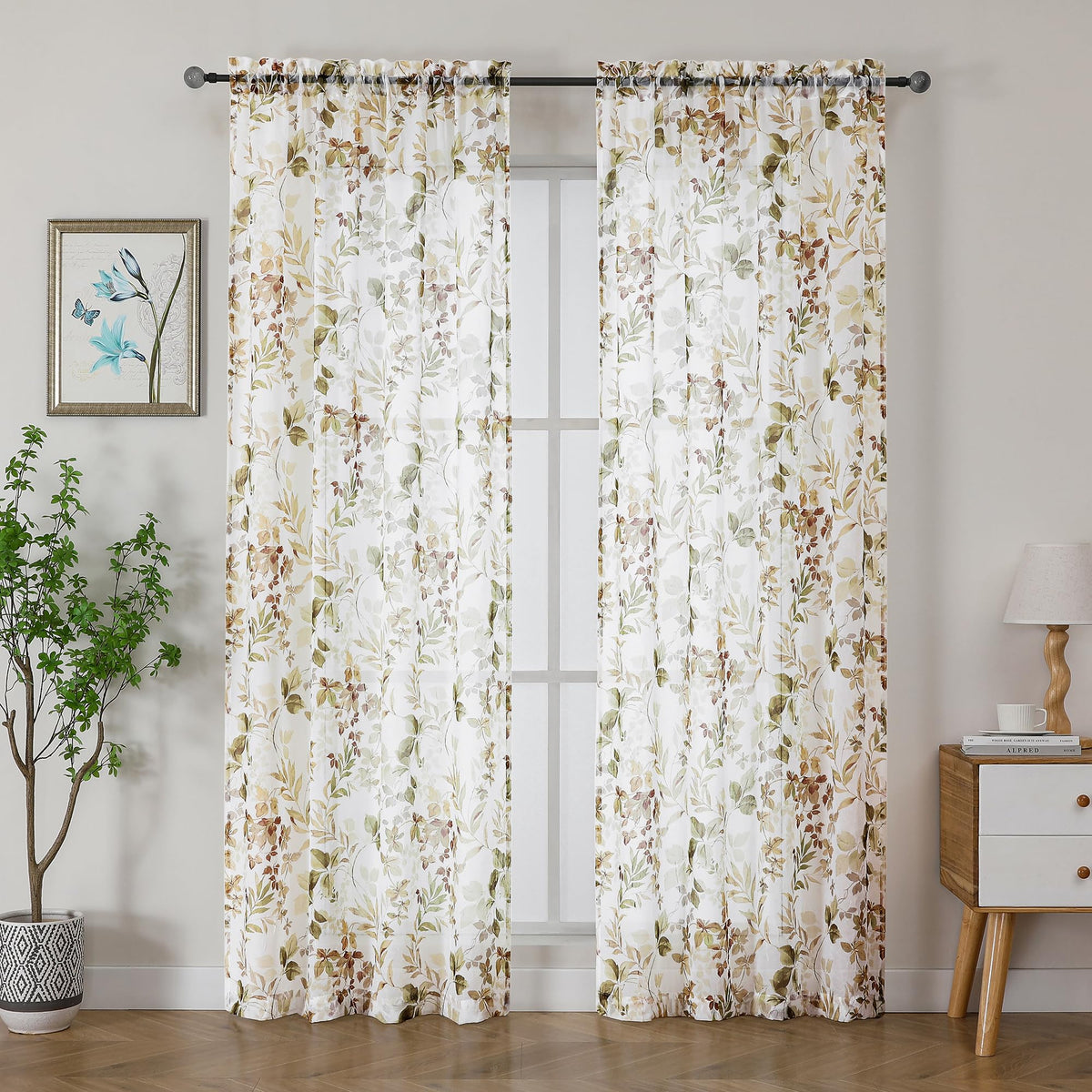 OWENIE Crushed Sheer Curtains 63 Inch Length 2 Panels Set, Sheer Floral Curtians with Printed Leaves Design, Printing Drapes for Living Room, Rod Pocket Light Filtering Window Sheers 42" W x 63" L