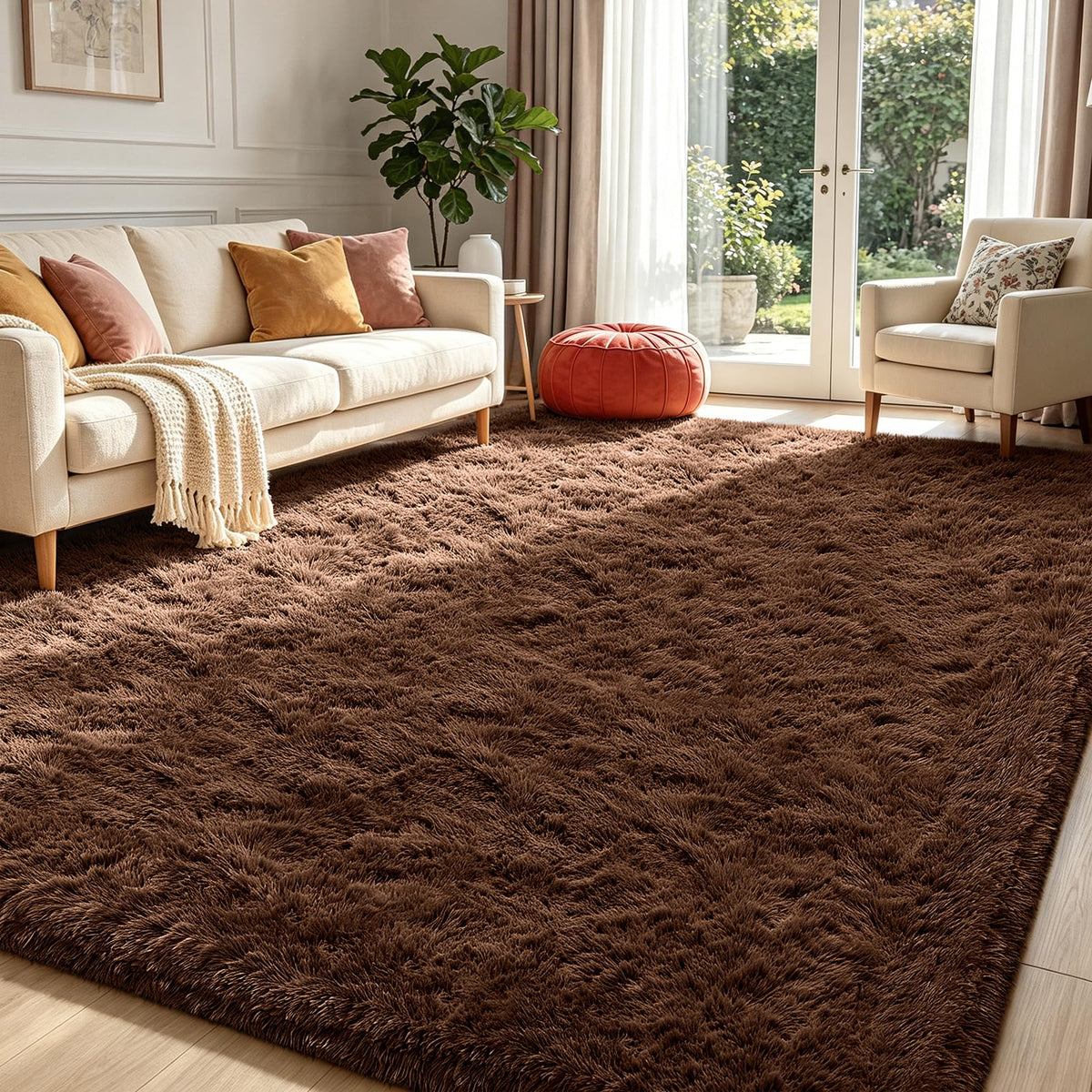 Beige 8x10 Area Rugs for Living Room, Fluffy Shag Rug Large Bedroom Carpet