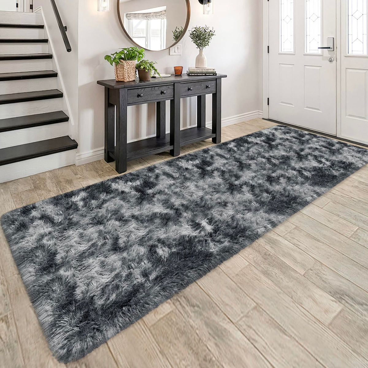 Tie-Dyed Runner Rug for Bedroom Black Grey 2x6ft Fluffy Area Rug Bedside Runner Rug for Kids Room Boys Teens Nursery Baby Living Room Dorm Home Decor Carpets