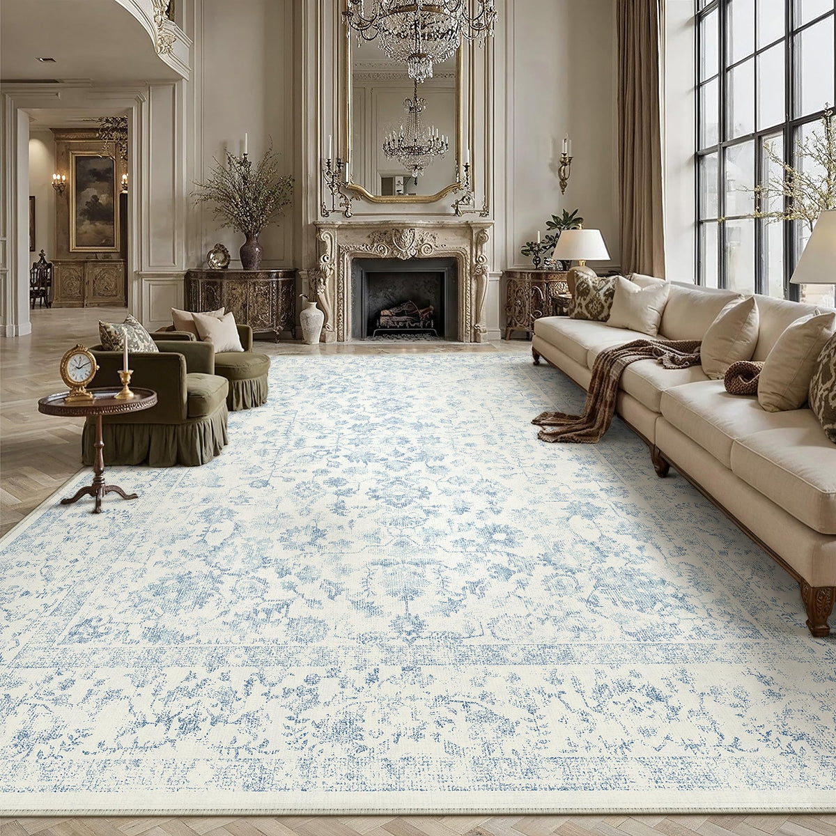 PureCozy 8x10 Blue Area Rug Washable Non Slip Large Vintage Living Room